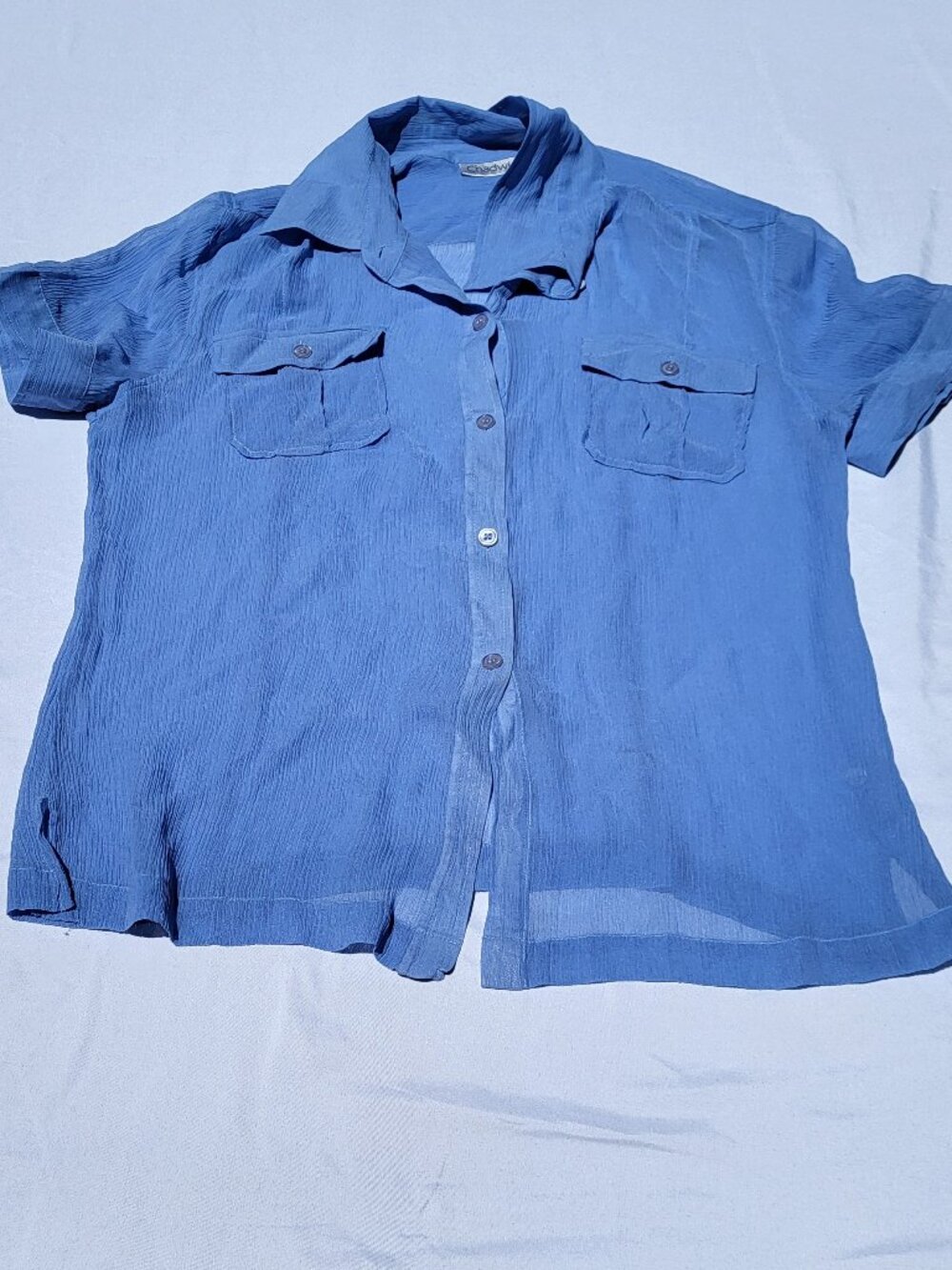Chadwicks Shirt Top Women's 12 Blue Silk Short Sleeve Button Down Collared Beach
